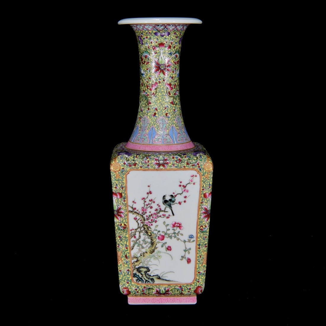 A Rare Famille-Rose Flower and Bird Pattern Vase,with Poem: A Rare Famille-Rose Flower and Bird Pattern Vase,with Poem,Qing Dynasty,China,Qianlong Six-Character Mark,Size:12.8inx4.5in 