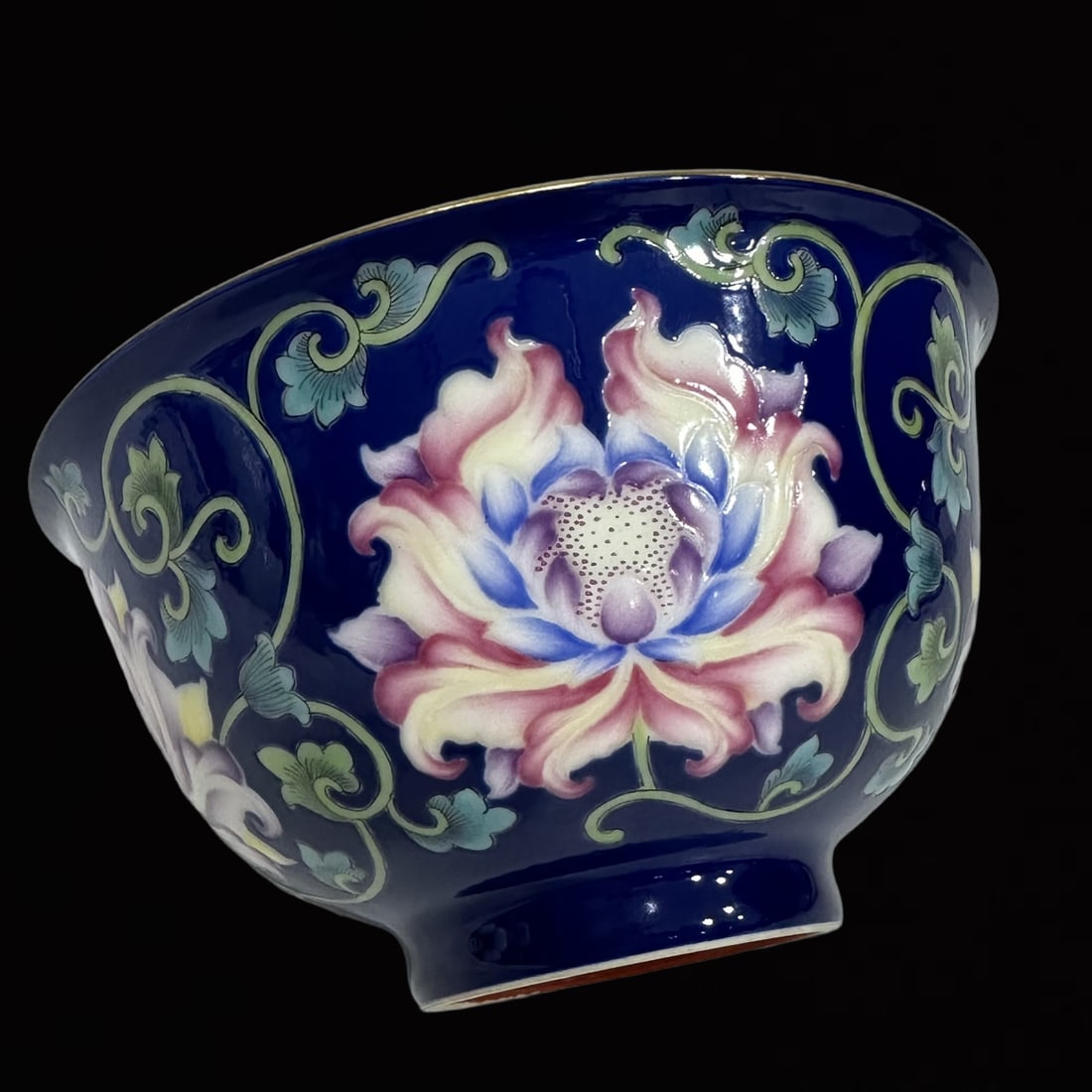 An Exquisite Enamel Blue Ground Flower Pattern Bowl: An Exquisite Enamel Blue Ground Flower Pattern Bowl,Qing Dynasty,China,Qianlong Six-Character Mark,Size:2.4inx4.5in 