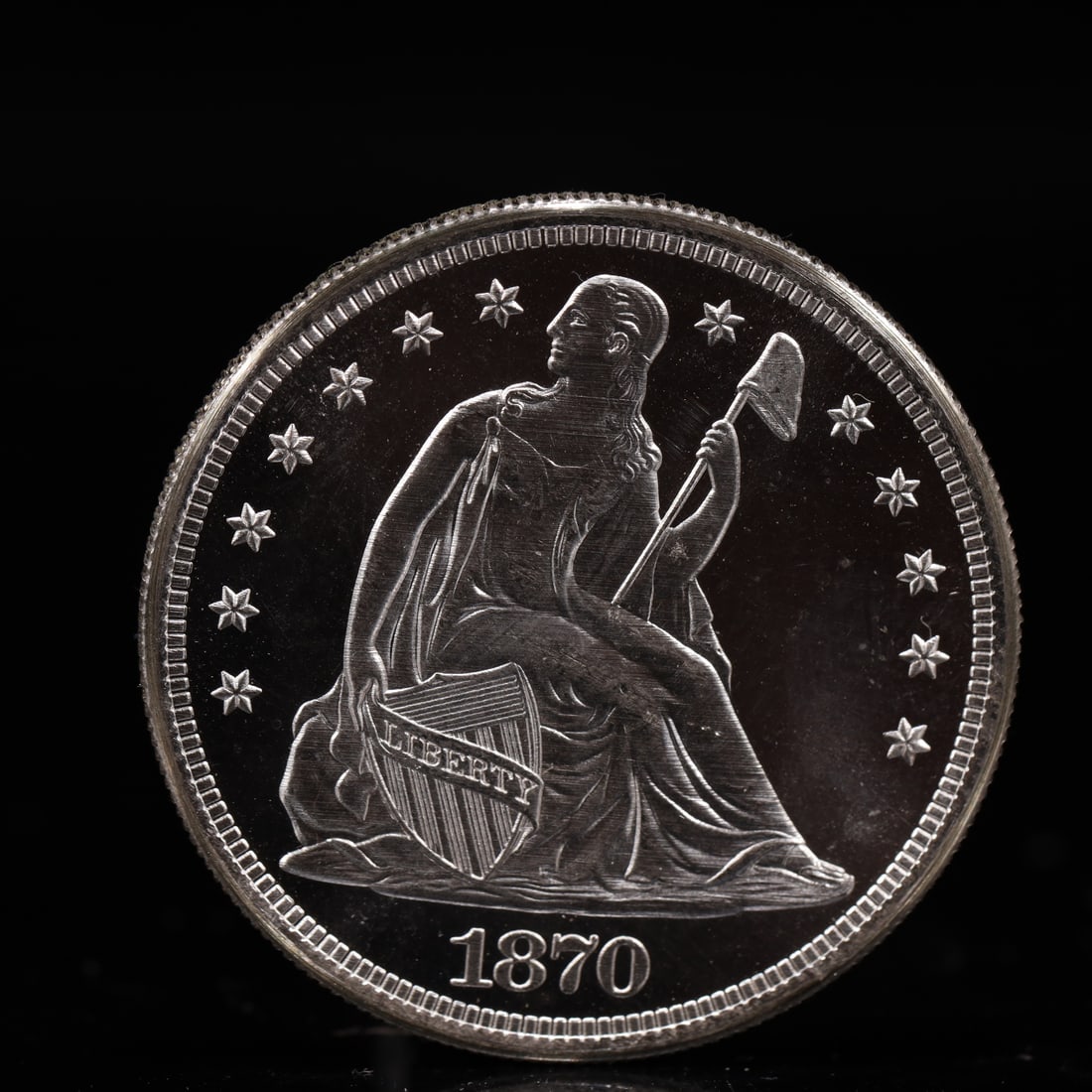 USA One Dollar 1870 Coin: American coin. IN GOD WE TRUST / LIBERTY / 1870 / UNITED STATES OF AMERICA / ONE DOL. Mint Mark: CC.Weight:26.9g.