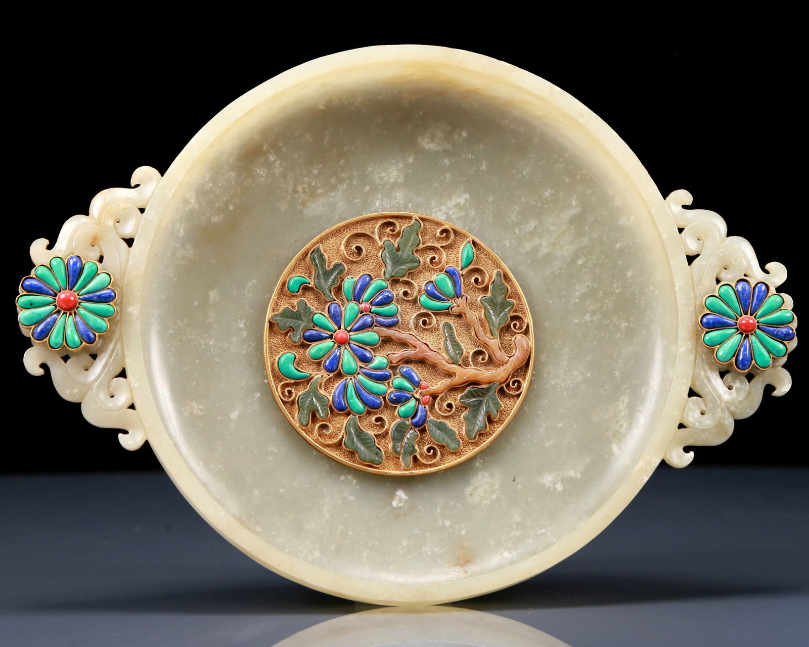 An Exquisite Greenish Jade Inlaid Turquoise Flower Pattern Double-Ears Brush Washer: An Exquisite Greenish Jade Inlaid Turquoise Flower Pattern Double-Ears Brush Washer,Qing Dynasty, China,Size:9.3inx6.7inx1.4in,Weight:490g 