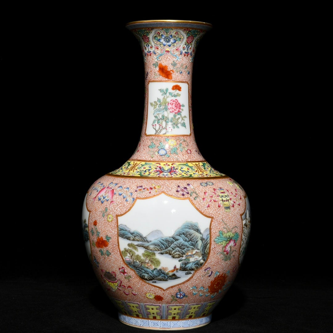 A Rare Famille-Rose Gilt Landscape Pattern Vase: A Rare Famille-Rose Gilt Landscape Pattern Vase,Qing Dynasty,China,Qianlong Six-Character Mark,Size:13inx7.3in 