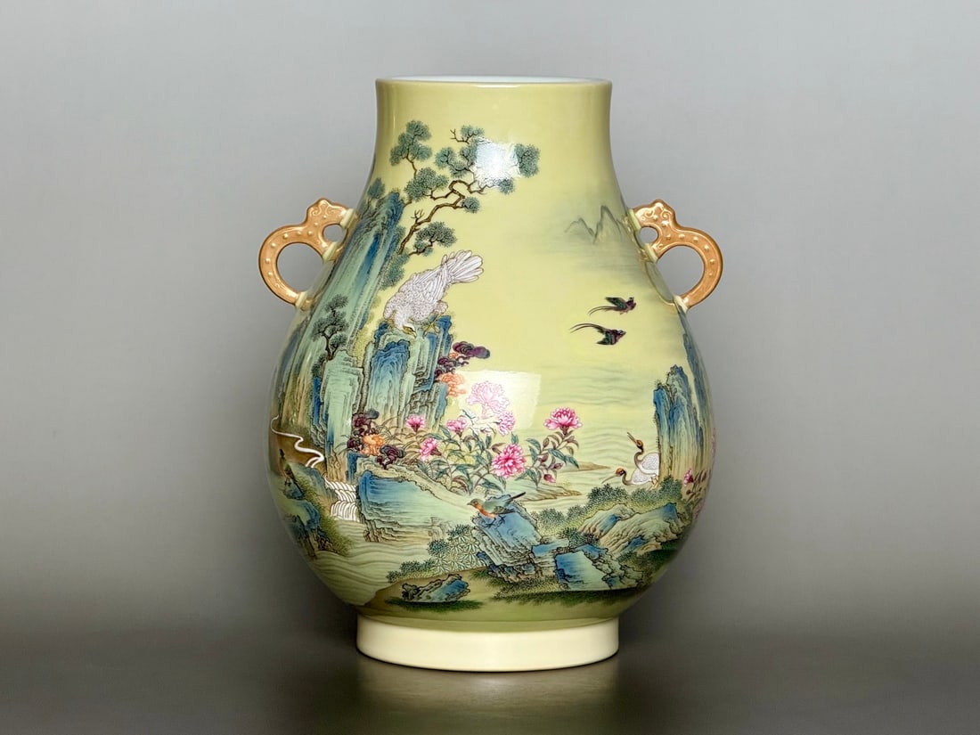 An Exquisite Yellow Glazed Painted Gold Flower and Bird Pattern Double-Ears Vase,with poem (1 of 8)
