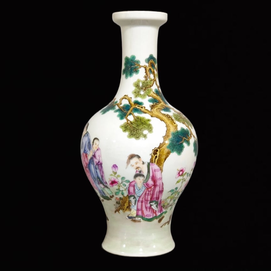 A Rare Famille-Rose Figure and Story Pattern Vase: A Rare Famille-Rose Figure and Story Pattern Vase,Qing Dynasty,China,Yongzheng Six-Character Mark,Size:13.4inx6.3in 