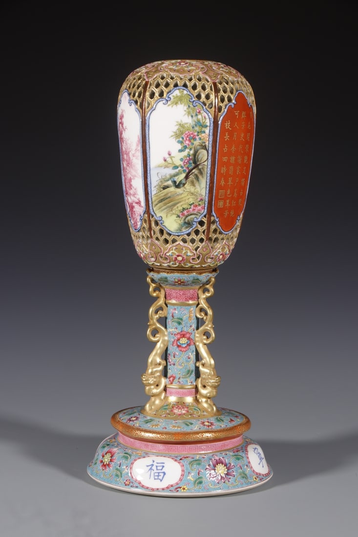 An Exquisite Enamel Flower and Bird Pattern Hatstand,with poem: An Exquisite Enamel Flower and Bird Pattern Hatstand,with poem,Qing Dynasty,China,Yongzheng Four-character Mark,Size:14.2inx6.5in 