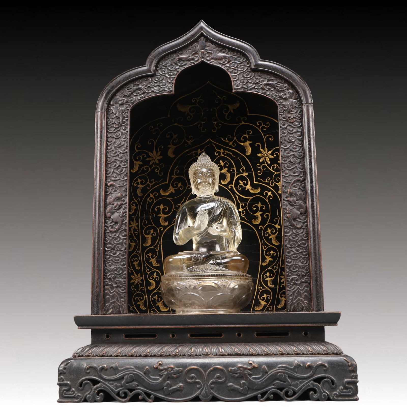 A Precious Zitanwood Painted Gold Lotus Pattern Niche,With Crystal Statue of Sakyamuni (1 of 7)