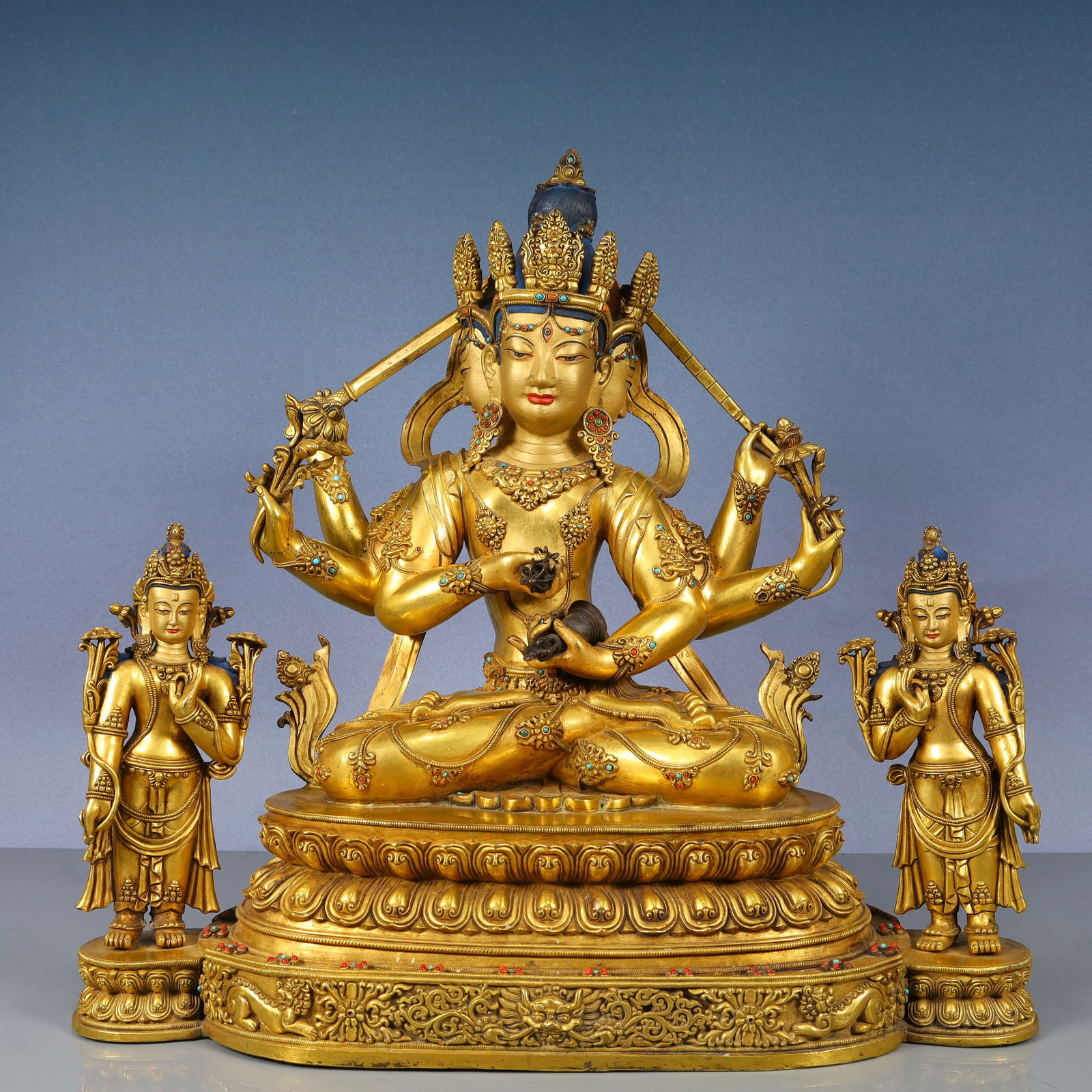 A Solemn Gilt Bronze Statue of Gautama’s Mother,Inlaid Gems and Turquoise: A Solemn Gilt Bronze Statue of Gautama’s Mother,Inlaid Gems and Turquoise,Qing Dynasty, China,Size:16.9inx9.4inx17.7in,Weight:16300g 
