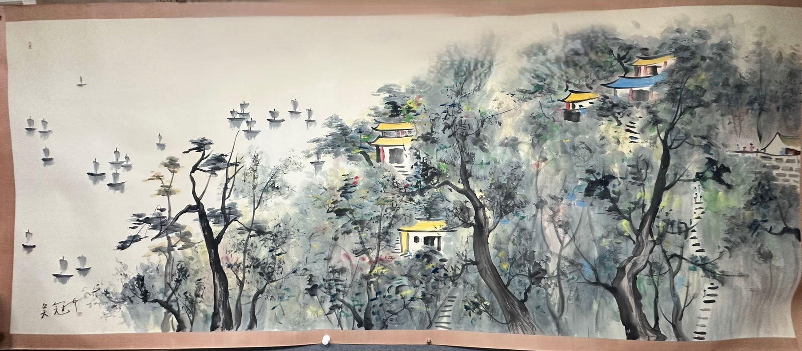 A Chinese Ink Painting of Landscape and Figure on Paper: A Chinese Ink Painting of Landscape and Figure on Paper,Wu Guanzhong,Size:141.7inx55.1in 