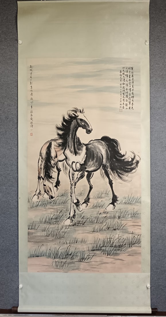 A Chinese Vertical Scroll Ink Painting of Horse on Paper (1 of 9)