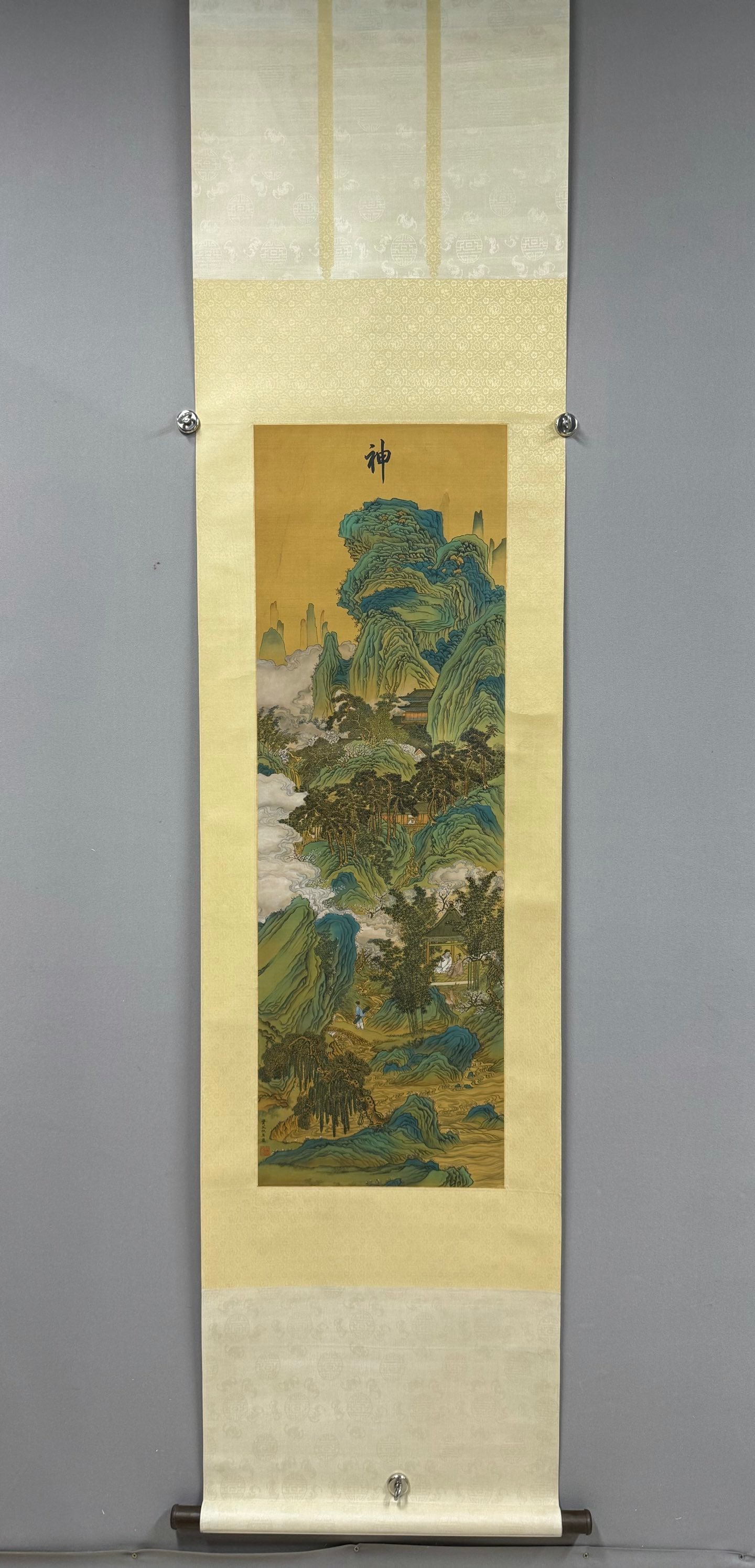 A Chinese Vertical Scroll Ink Painting of Landscape and Figure on Silk: A Chinese Vertical Scroll Ink Painting of Landscape and Figure on Silk,Chou Ying,Size:42.9inx13.8in 