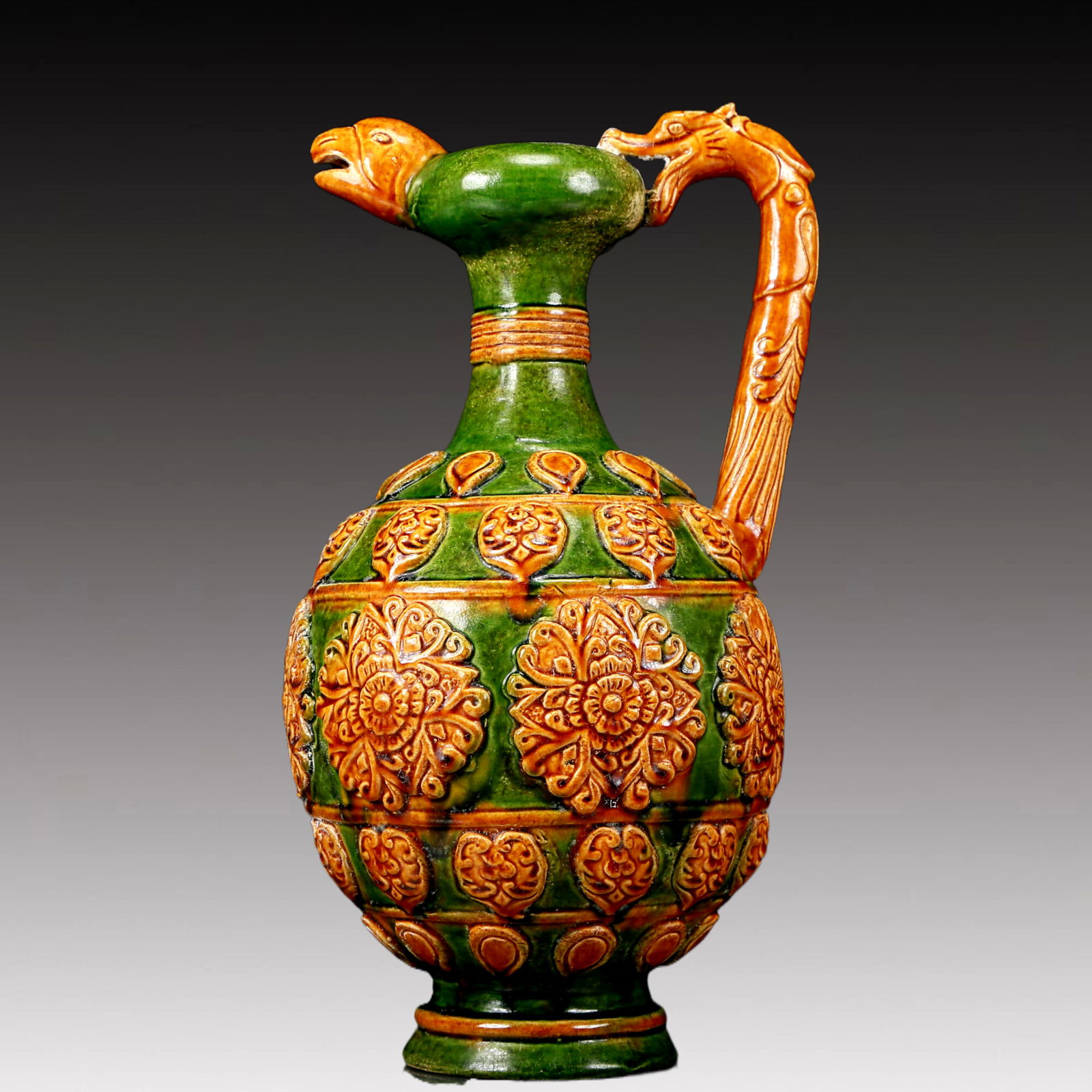 A Rare Tang Tri-Color Glazed Pottery Flower Pattern Dragon Handle Phoenix Head Ewer (1 of 10)