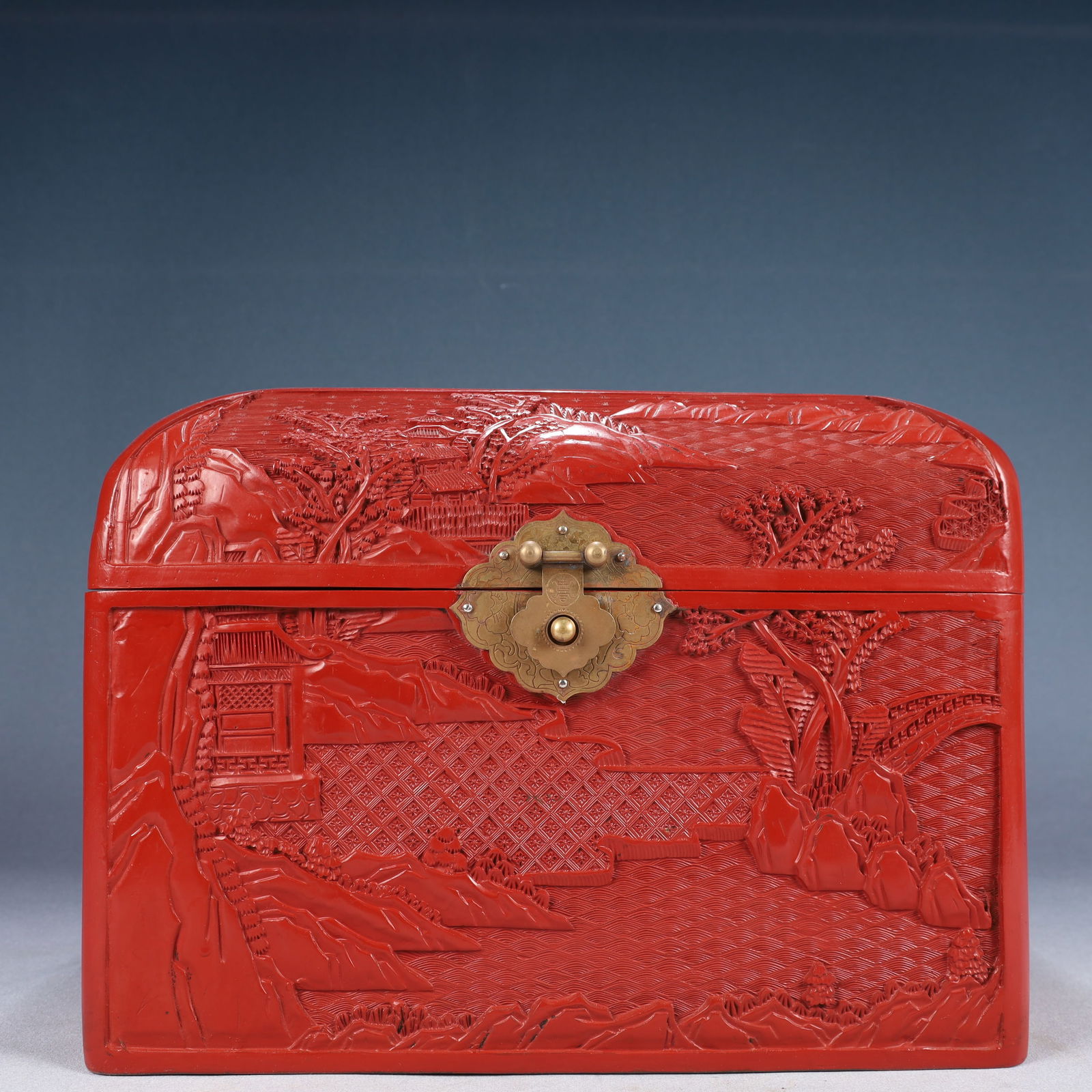 A Rare Carved Red Lacquer Landscape and Figure Pattern Box (1 of 9)