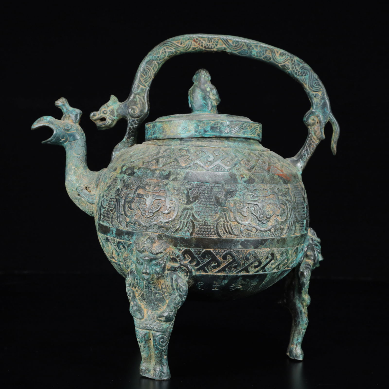 An Archaic Bronze Dragon and Phoenix Pattern Figure Ewer (1 of 15)