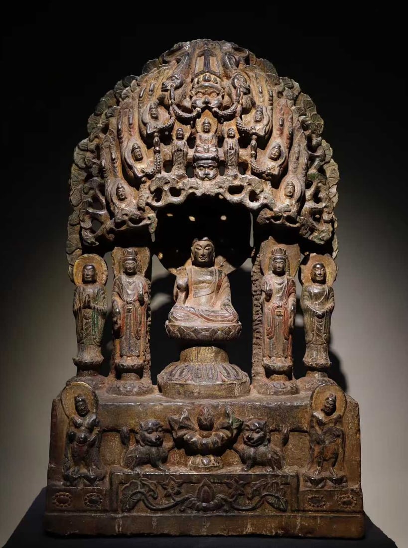 A Solemn Limestone Painted Color Hollow Statue of Sakyamuni (1 of 9)