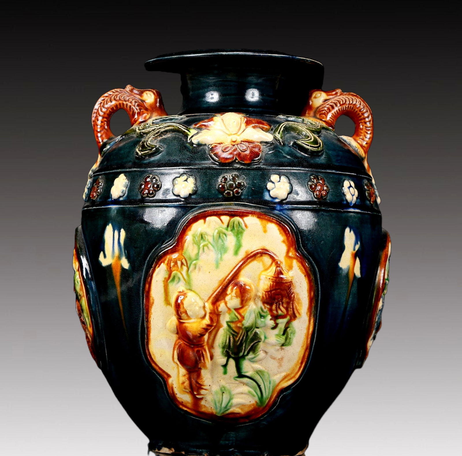 A Rare Tang Tri-Color Glazed Pottery Character and Story Pattern Double-Ears Jar (1 of 10)