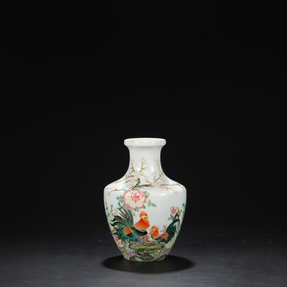 An Exquisite Enamel Flower and Rooster Pattern Vase: An Exquisite Enamel Flower and Rooster Pattern Vase,Qing Dynasty,China,Yongzheng Four-Character Mark,Size:8.9inx5.9in 珐琅彩花卉鸡纹瓶,中国&