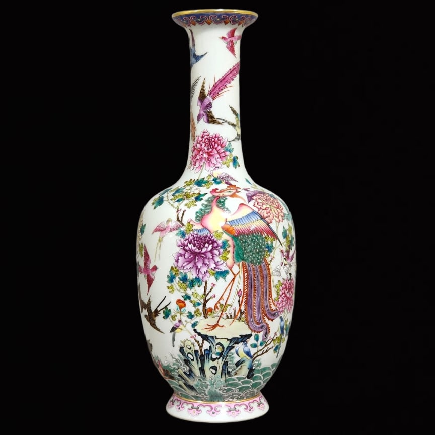 A Rare Famille-Rose Flower and Phoenix Pattern Vase: A Rare Famille-Rose Flower and Phoenix Pattern Vase,Qing Dynasty,China,Yongzheng Six-Character Mark,Size:13.8inx5.5in 粉彩花卉凤纹瓶,中国清&