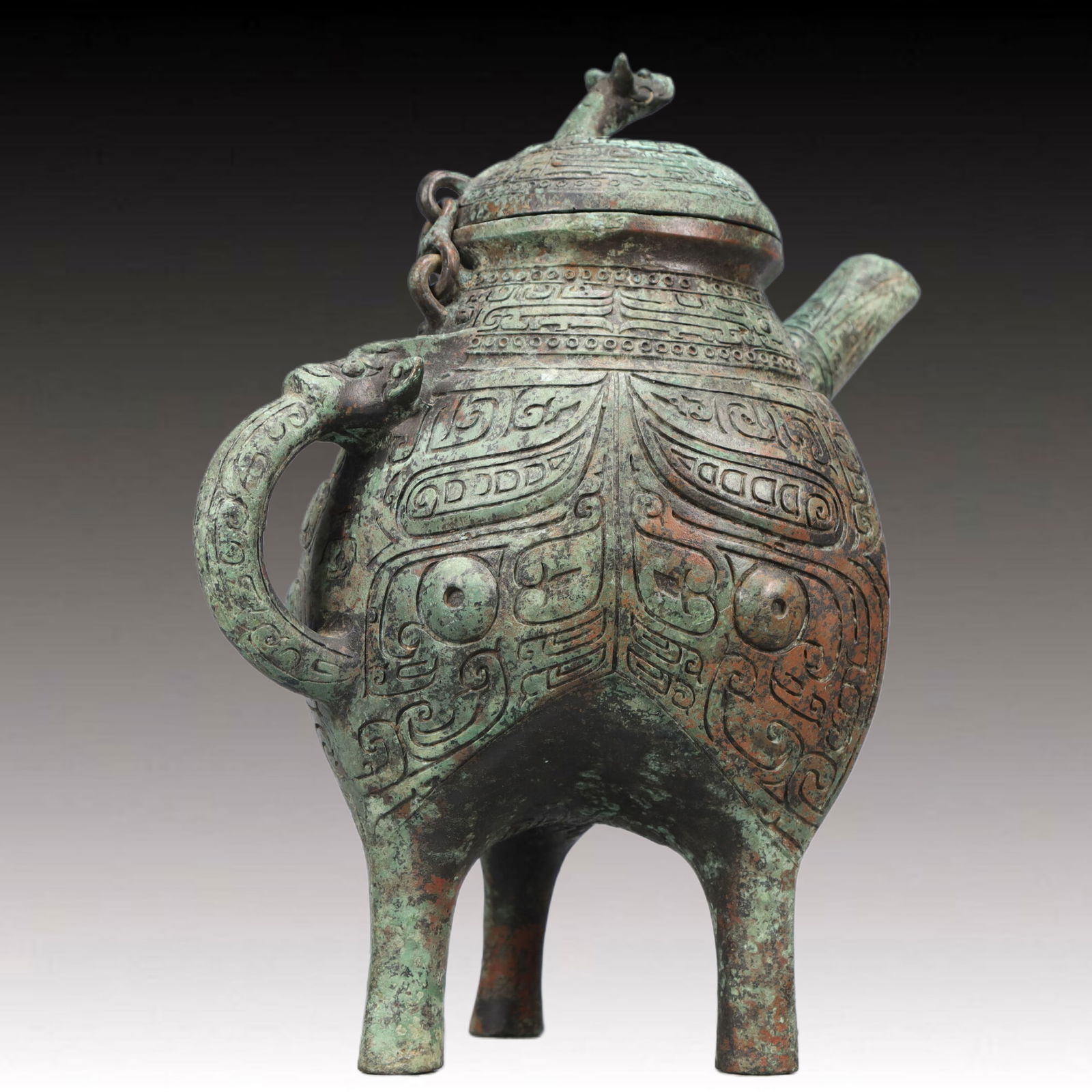 A Rare Bronze Beast-Face Pattern Tripod Ewer - 4