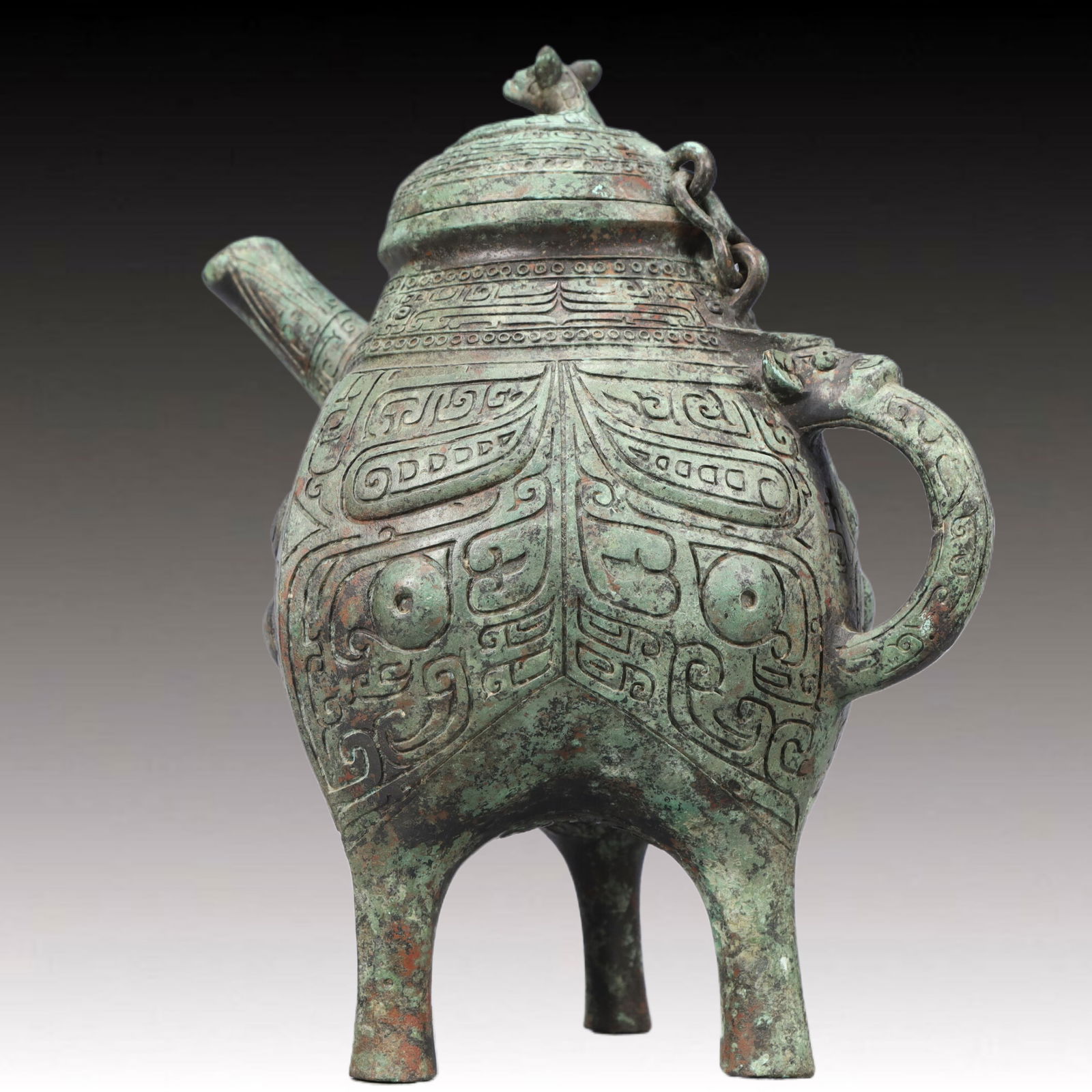 A Rare Bronze Beast-Face Pattern Tripod Ewer - 6