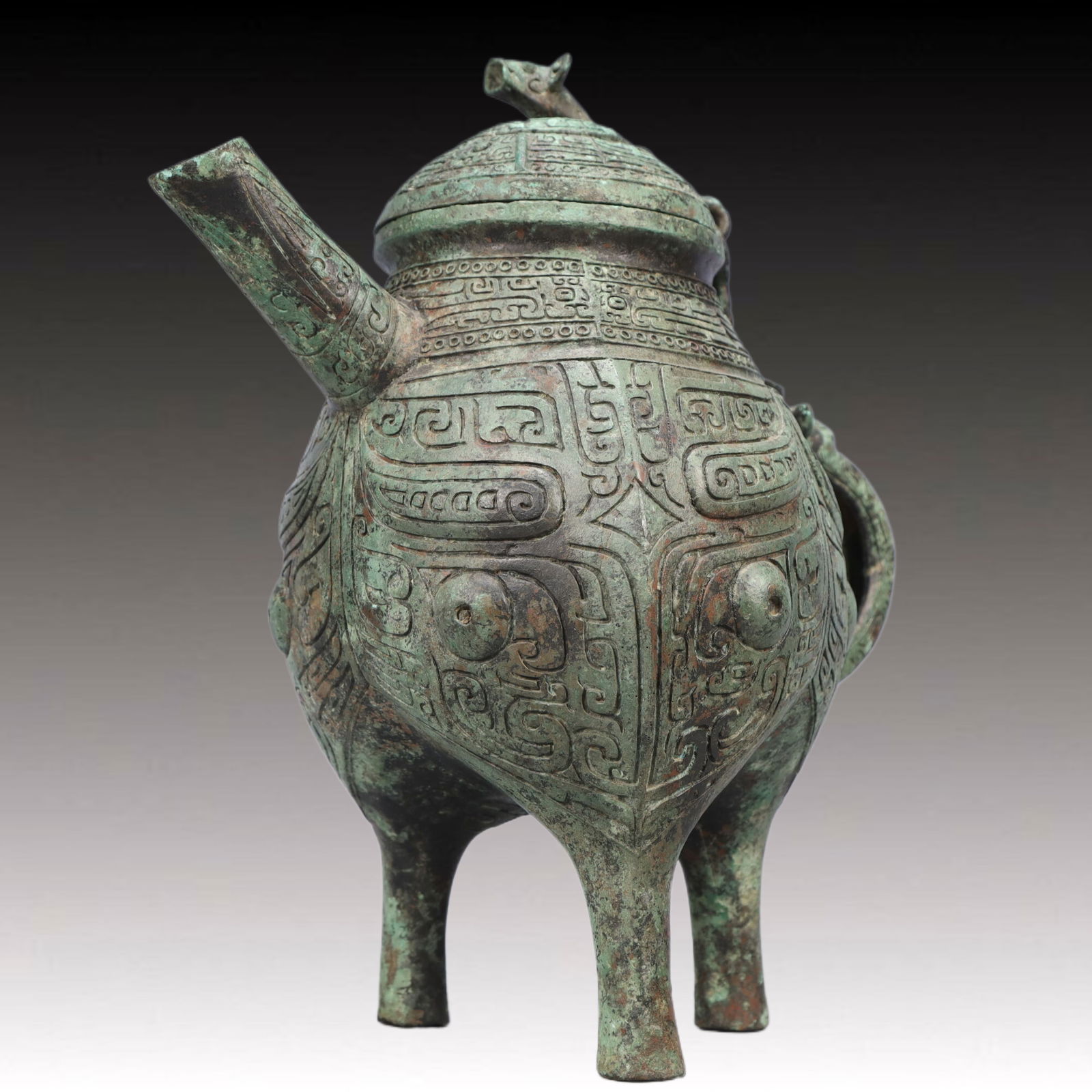 A Rare Bronze Beast-Face Pattern Tripod Ewer - 7