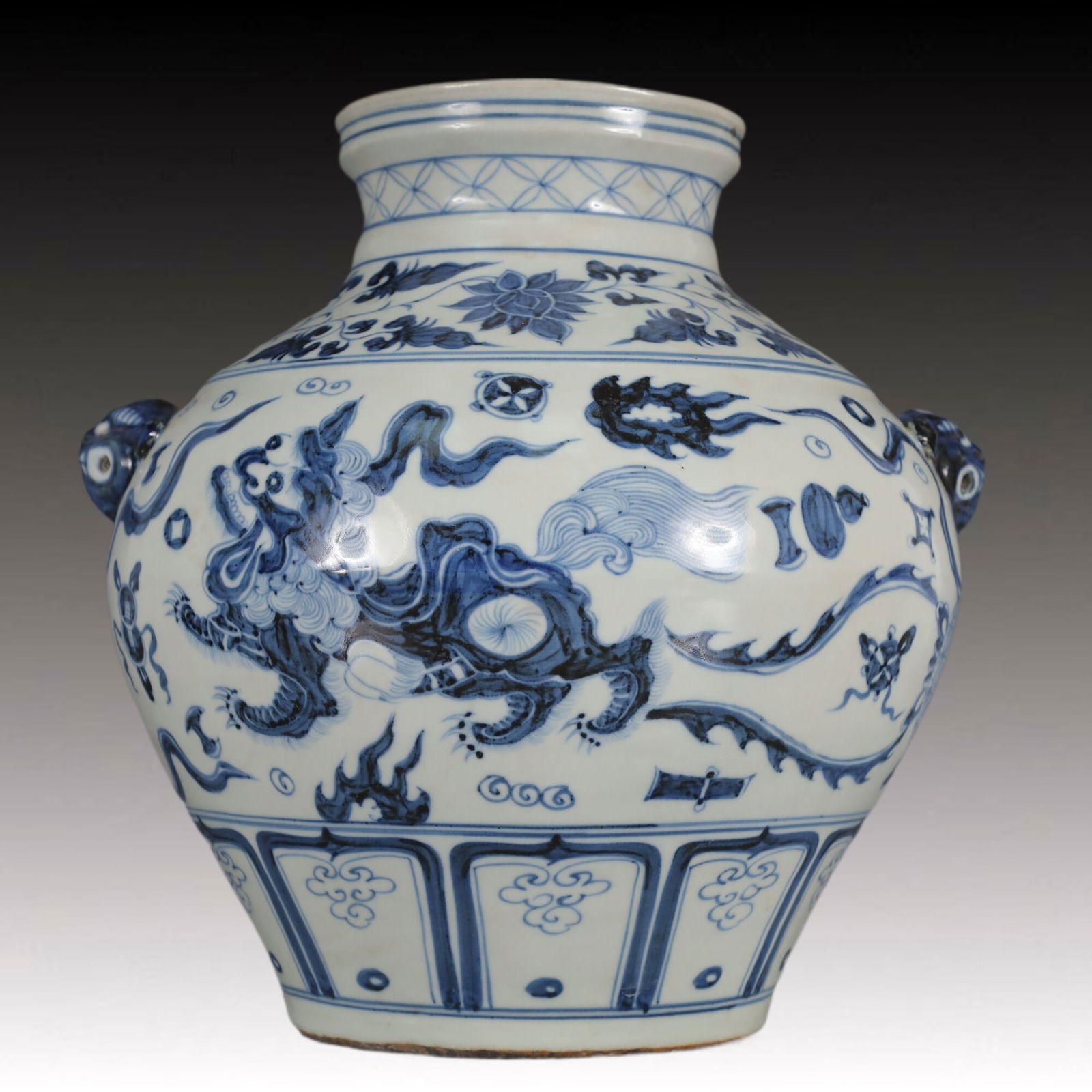 A Precious Blue and White Lion Pattern Beast-Ears Jar (1 of 7)
