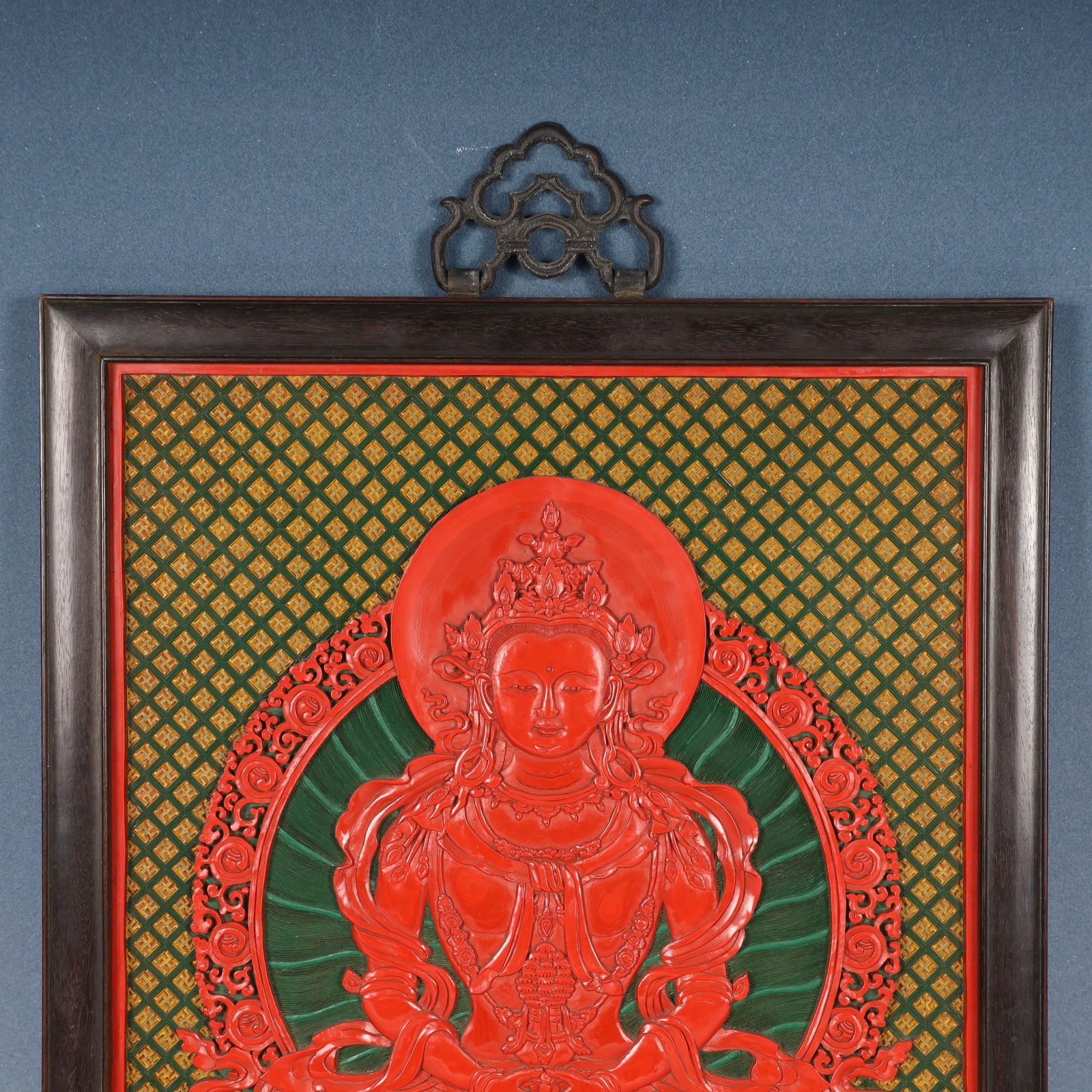 A Huge Carved Red Lacquer Buddha Pattern Hanging Panel - 2
