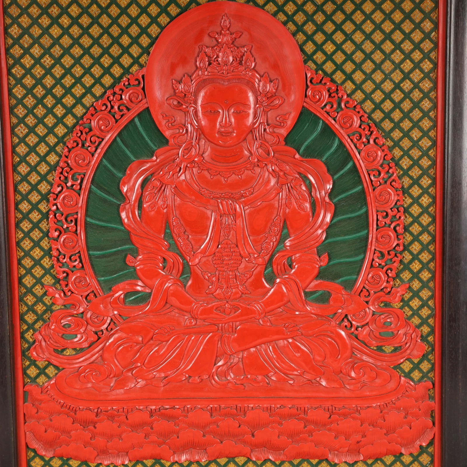 A Huge Carved Red Lacquer Buddha Pattern Hanging Panel - 3