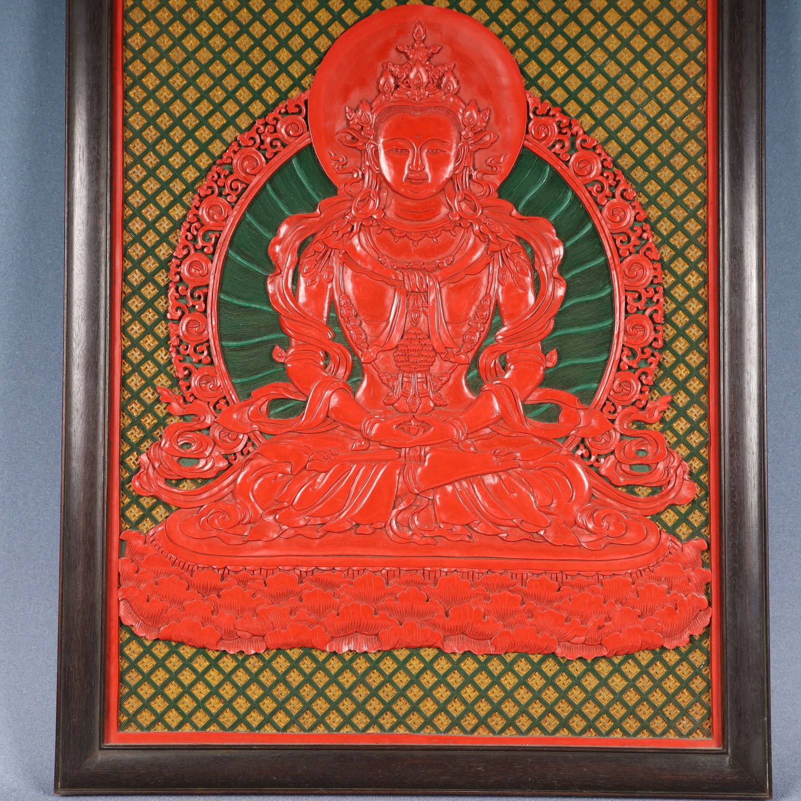 A Huge Carved Red Lacquer Buddha Pattern Hanging Panel - 4