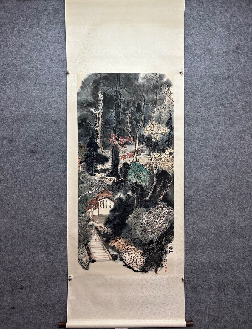 A Chinese Vertical Scroll Ink Painting of Landscape on Paper: A Chinese Vertical Scroll Ink Painting of Landscape on Paper,He Haixia,Size:53.9inx26in 