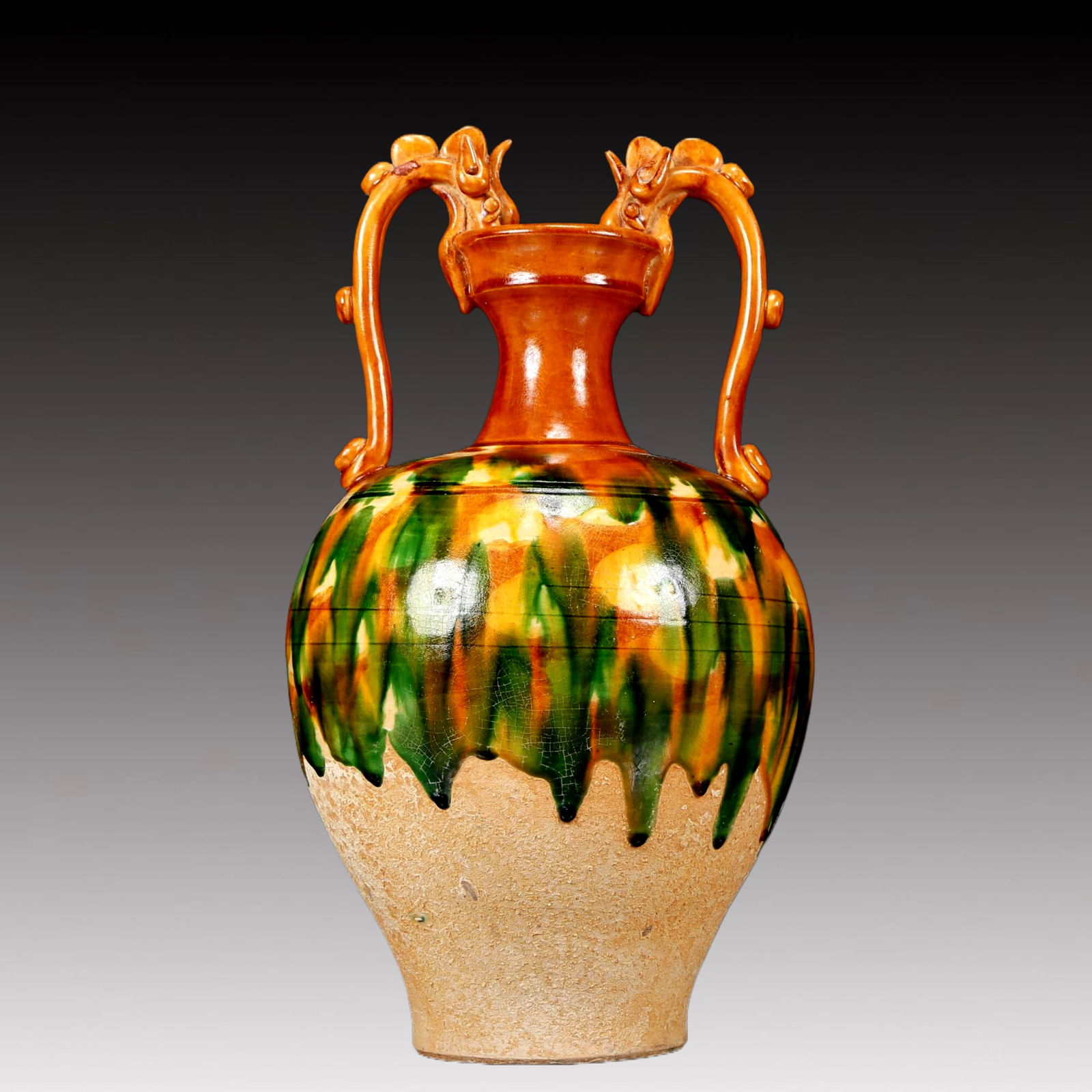 A Rare Tang Tri-Color Glazed Pottery Double Dragon Ears Vase (1 of 10)