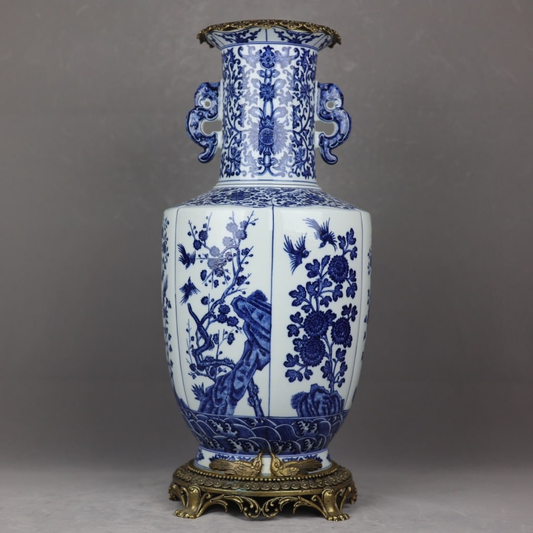 A Huge Blue and White Inlaid Bronze Flower and Bird Pattern Double-Ears Vase: A Huge Blue and White Inlaid Bronze Flower and Bird Pattern Double-Ears Vase,Qing Dynasty,China,Qianlong Six-Character Mark,Size:20.9inx8.7in 青花嵌铜花鸟纹&#