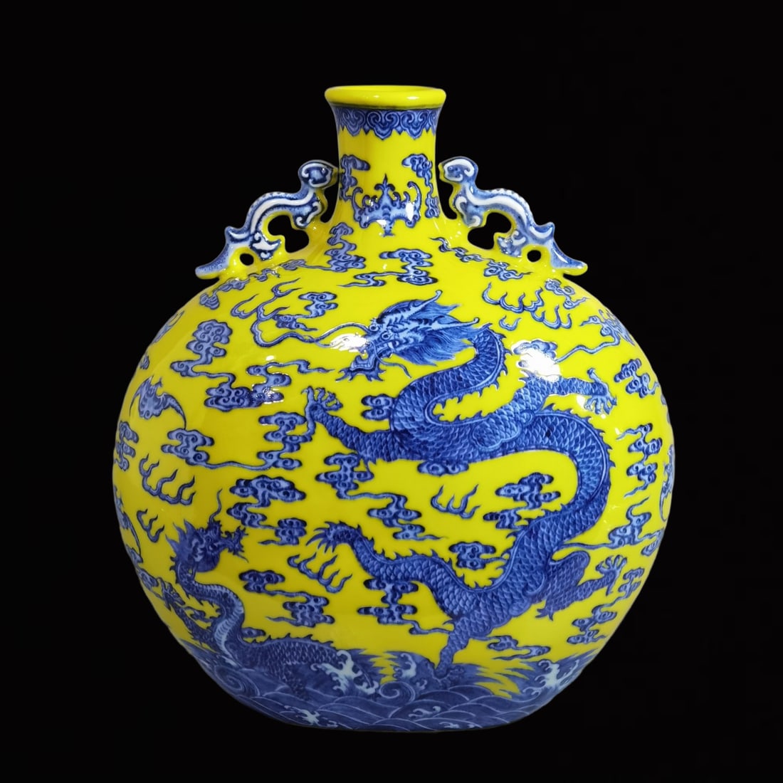 A Rare Blue and White Yellow Ground Seawater and Dragon Pattern Double-Ears Vase (1 of 9)