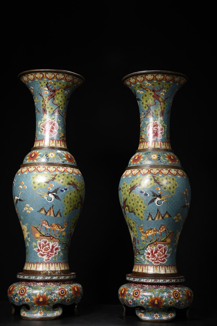 A Pair of Exquisite Cloisonne Pine and Crane Pattern Vases (1 of 9)