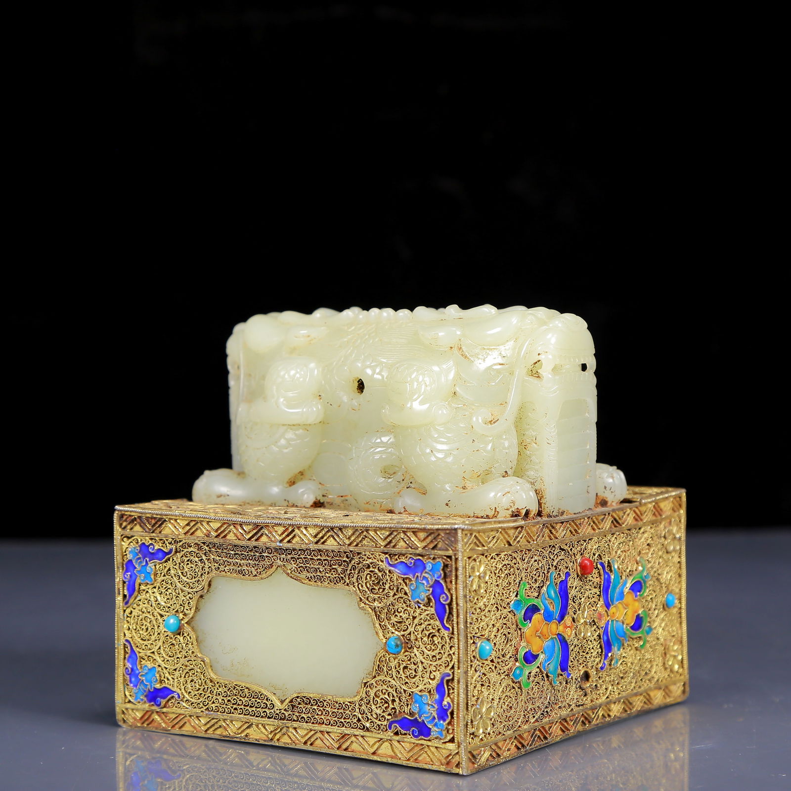 An Exquisite White Jade Gilt Bronze Inlaid Turquoise Dragon Pattern Seal - 7