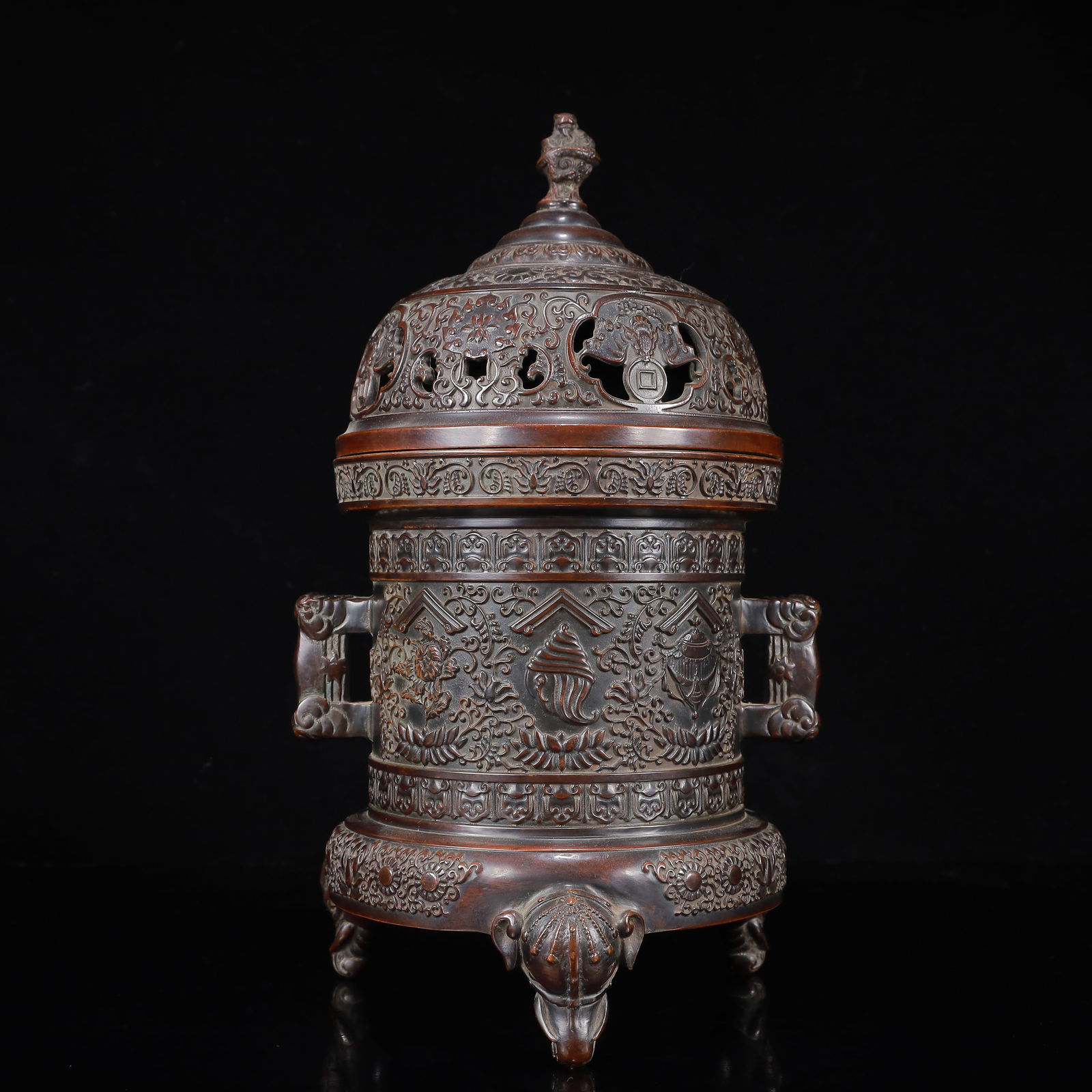 A Rare Bronze Eight Treasures Pattern Double-Ears and Tripod Censer: A Rare Bronze Eight Treasures Pattern Double-Ears and Tripod Censer,Ming Dynasty,China,Xuande Mark,Size:7.1inx6.3inx11.8in,Weight:7450g 
