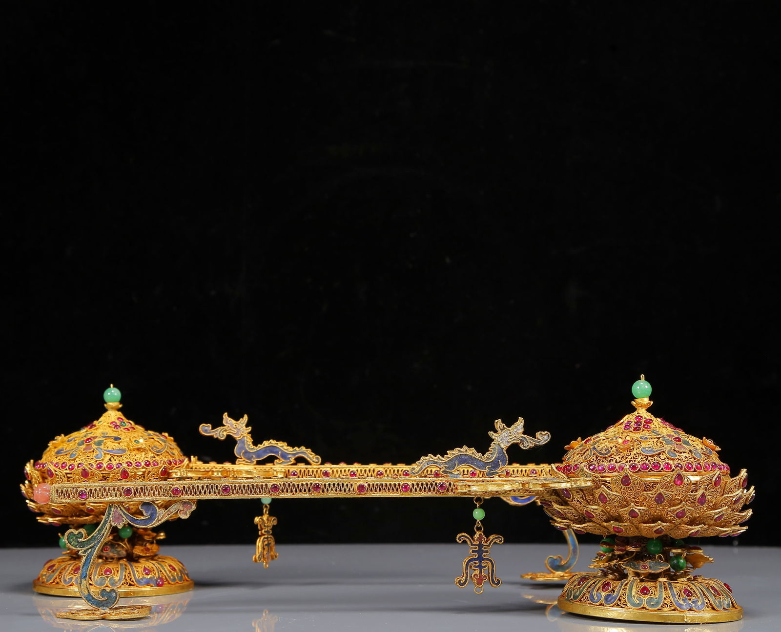 A Pair of Rare Gilt Inlaid Gems Lotus Pattern Censers: A Pair of Rare Gilt Inlaid Gems Lotus Pattern Censers,Qing Dynasty,China,Qianlong Four-character Mark,Size:13.8inx3.9inx4.7in,Weight:915g 一对鎏金嵌宝石ഫ