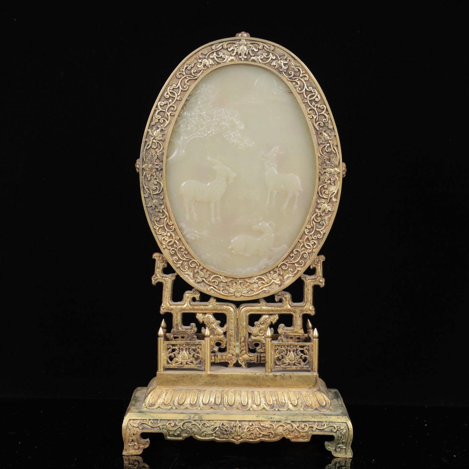 An Exquisite Gilt Bronze Inlaid White Jade Deer Pattern Table Screen,with an Imperial Poem by (1 of 11)