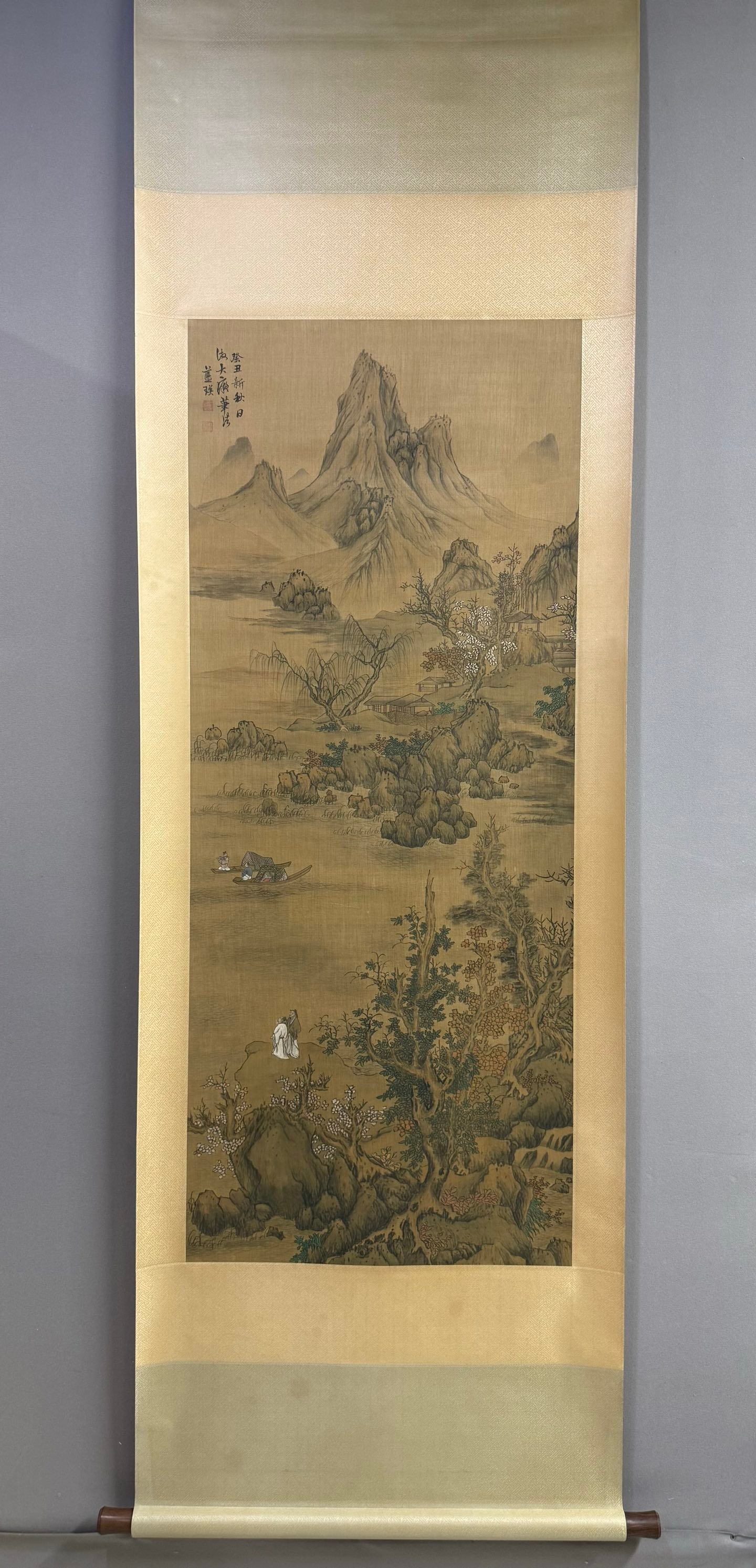 A Chinese Vertical Scroll Ink Painting of Landscape and Figure on Silk (1 of 8)