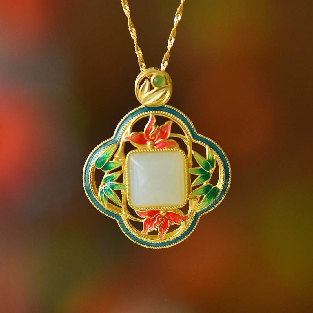An Exquisite Sterling Silver-Gold Plated Inlaid White Jade Pendant (1 of 5)