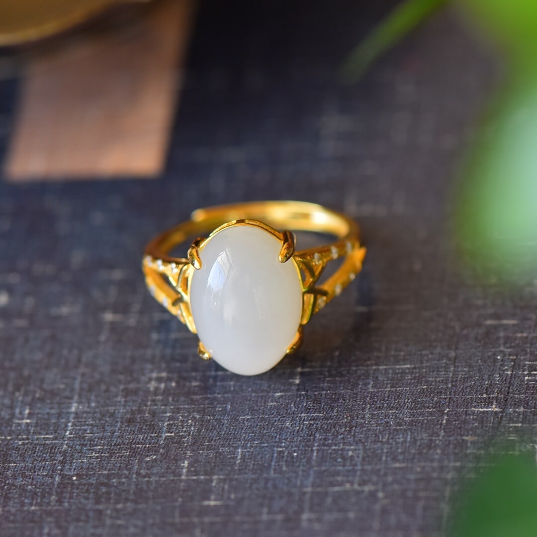 A Pair of Exquisite Sterling Silver-Gold Plated Inlaid White Jade Ring,Inlaid Diamond (1 of 5)