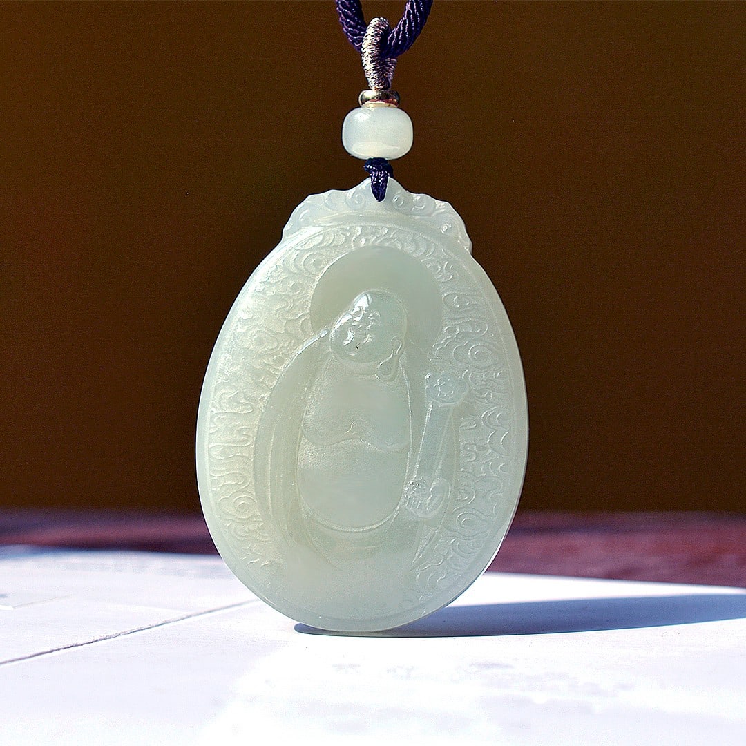 An Exquisite Greenish Jade Statue of Maitreya Buddha Pendant (1 of 4)