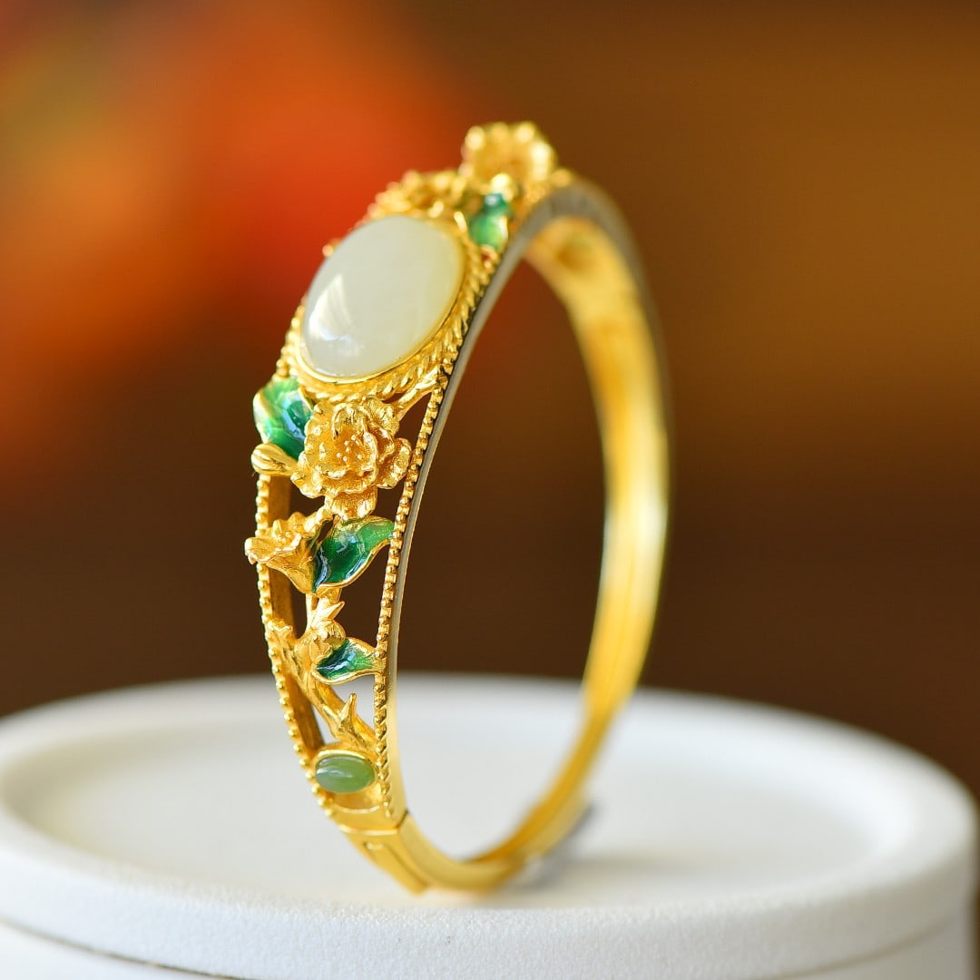 An Exquisite Sterling Silver-Gold Plated Inlaid White Jade Enamel Bracelet (1 of 5)