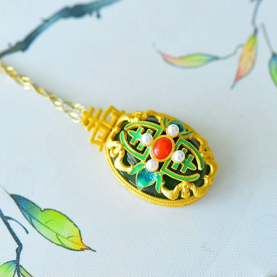 An Exquisite Sterling Silver-Gold Plated Inlaid Jasper Enamel Pendant (1 of 5)