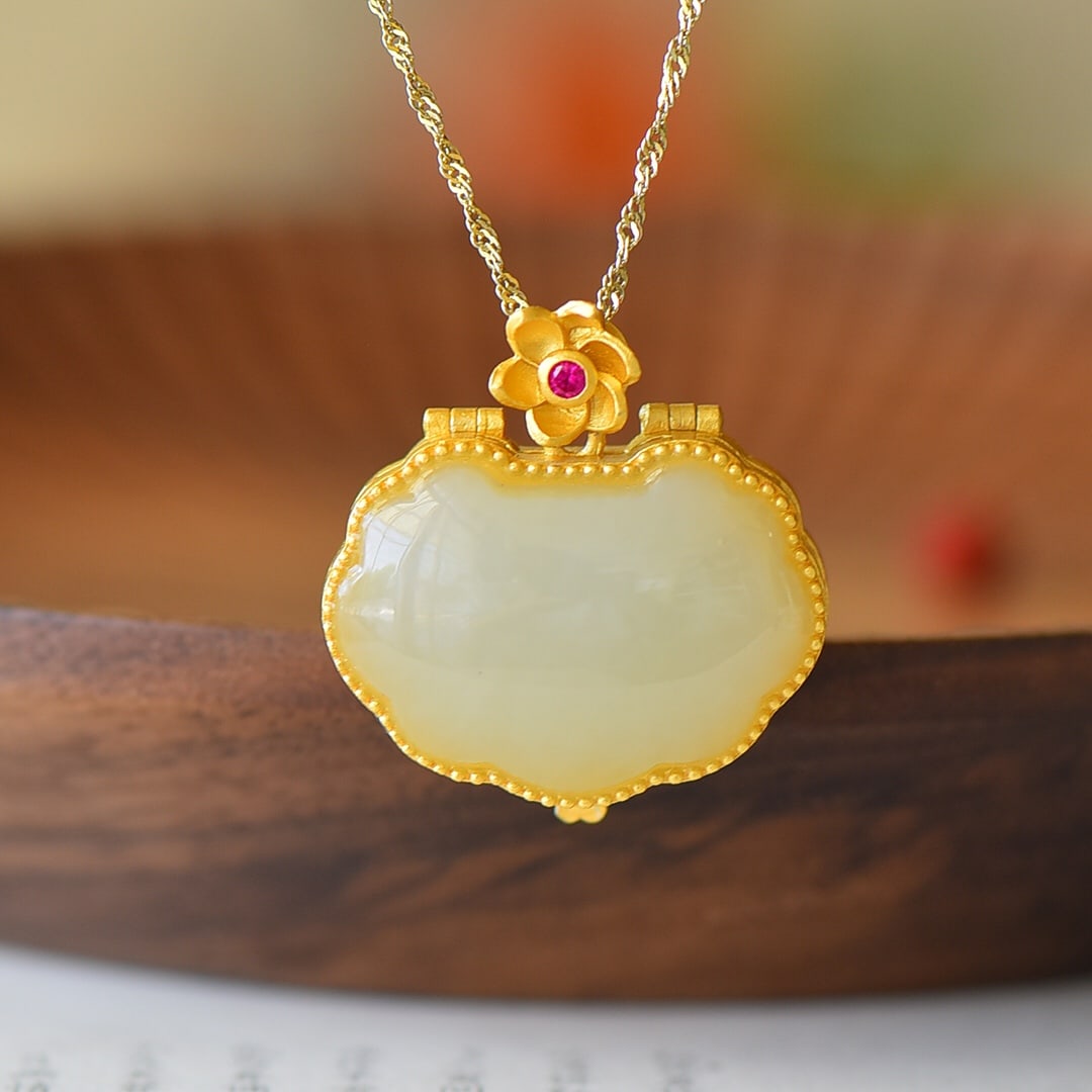 An Exquisite Sterling Silver-Gold Plated Inlaid White Jade Enamel Pendant (1 of 5)