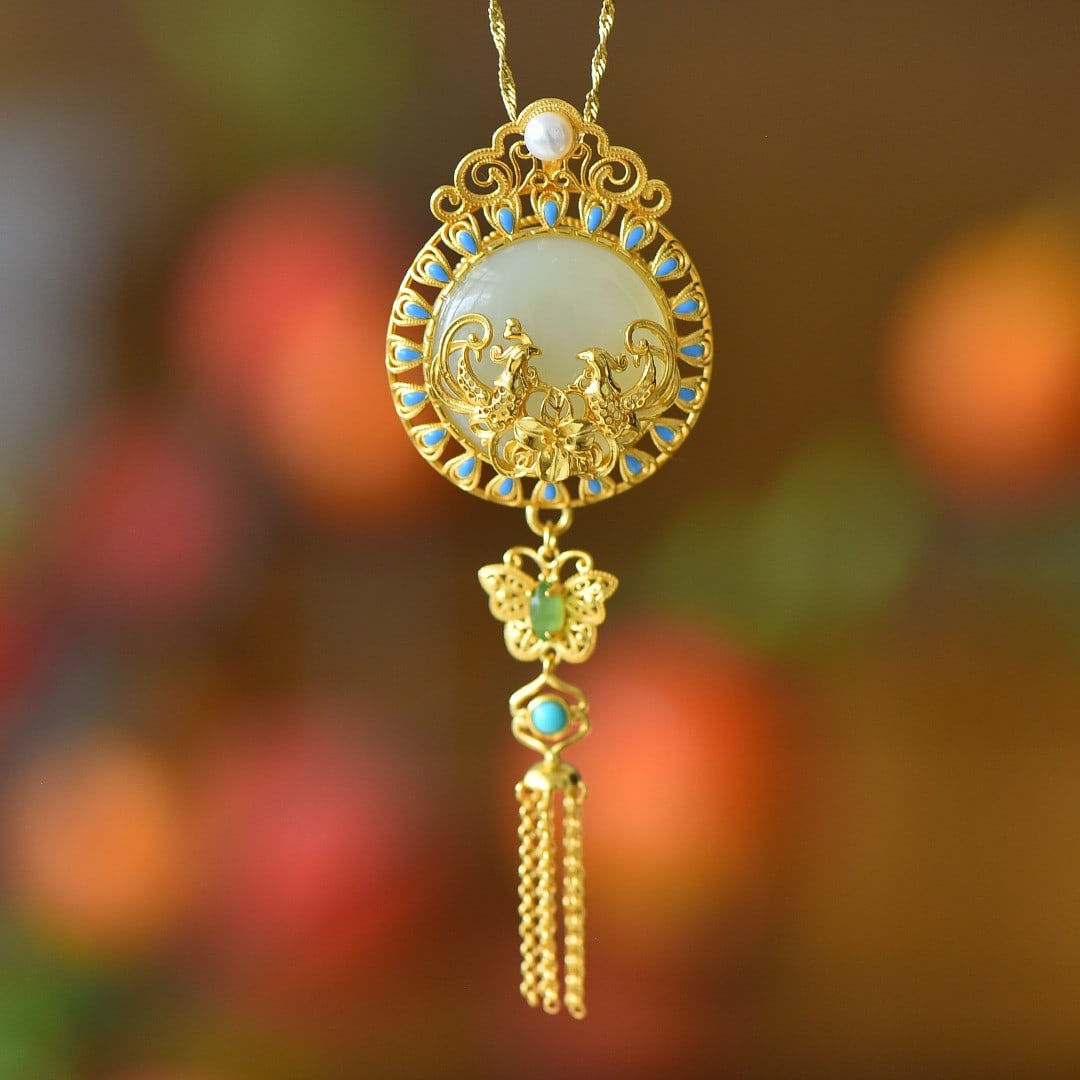 An Exquisite Sterling Silver-Gold Plated Inlaid White Jade Pendant (1 of 5)