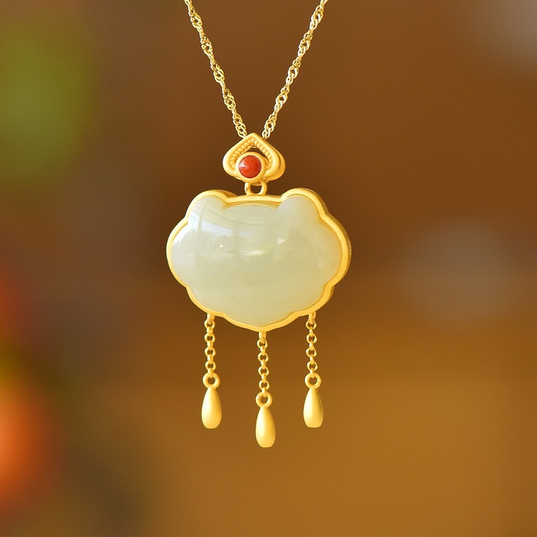 An Exquisite Sterling Silver-Gold Plated Inlaid White Jade Pendant (1 of 5)