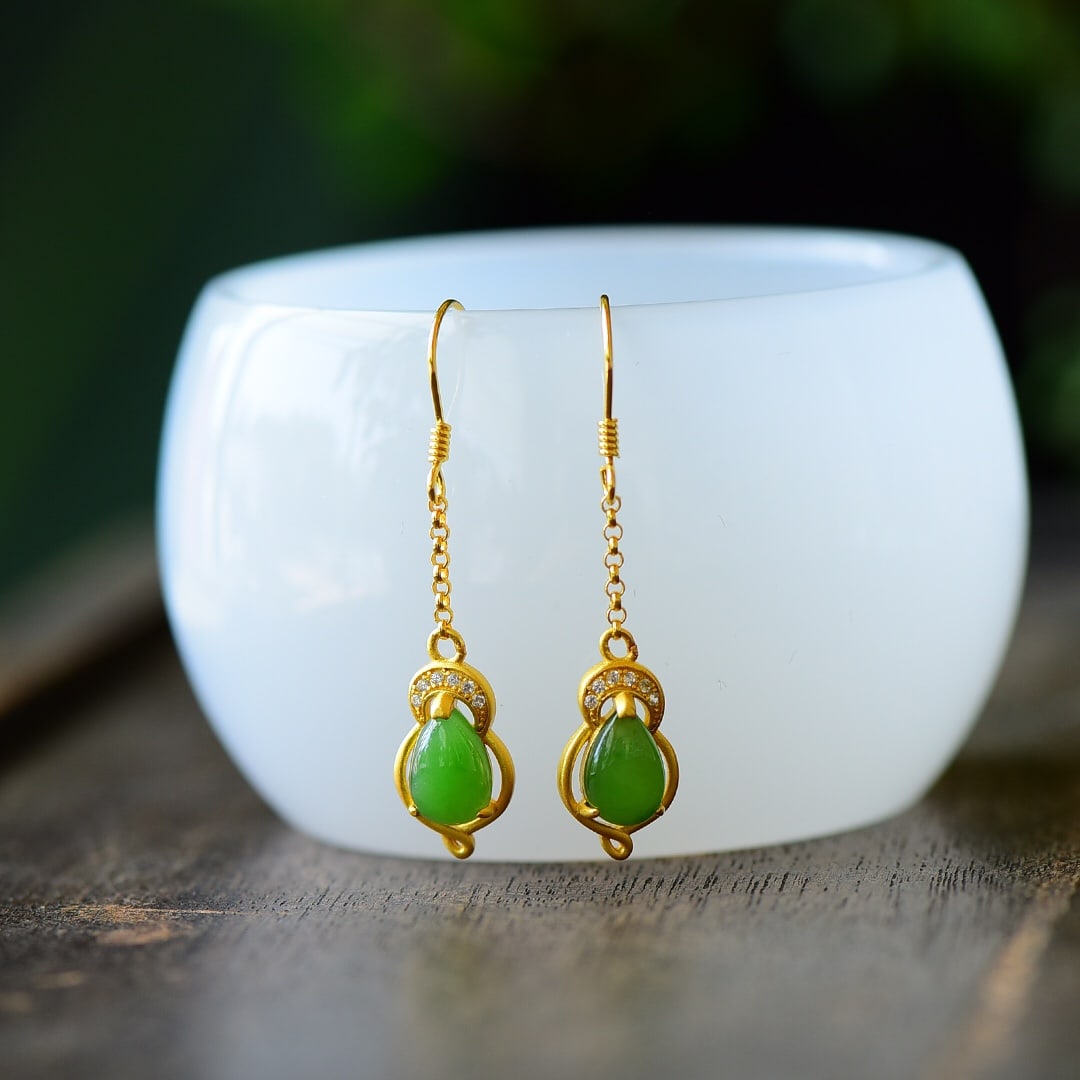 A Pair of Exquisite Sterling Silver-Gold Plated Inlaid Jasper Earrings,Inlaid Diamond: A Pair of Exquisite Sterling Silver-Gold Plated Inlaid Jasper Earrings,Inlaid Diamond,Size:0.4inx1.6in 