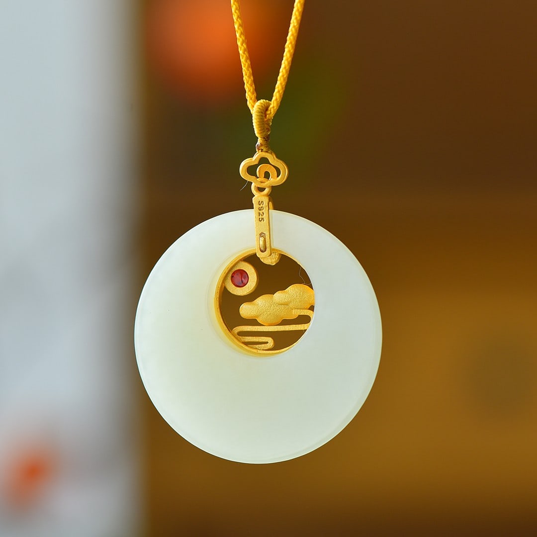 An Exquisite Sterling Silver-Gold Plated Inlaid White Jade Pendant (1 of 5)