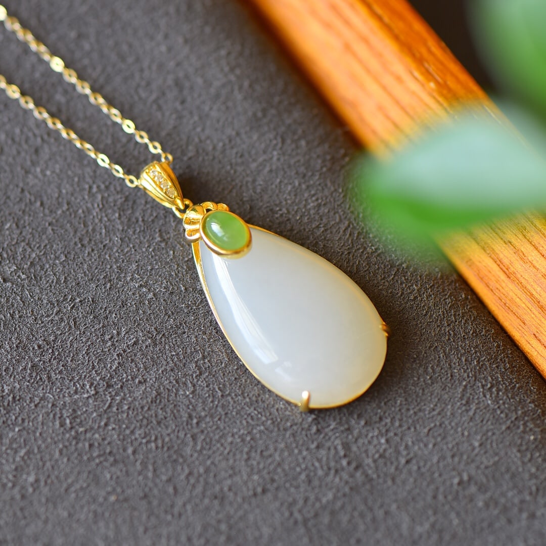 A Pair of Exquisite Sterling Silver-Gold Plated Inlaid White Jade Necklace,Inlaid Diamond (1 of 1)
