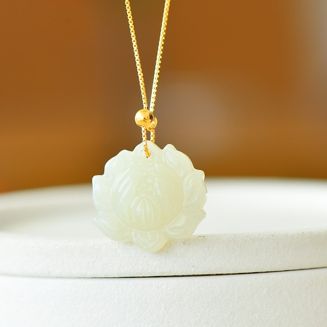 An Exquisite Sterling Silver-Gold Plated Inlaid White Jade Pendant (1 of 5)