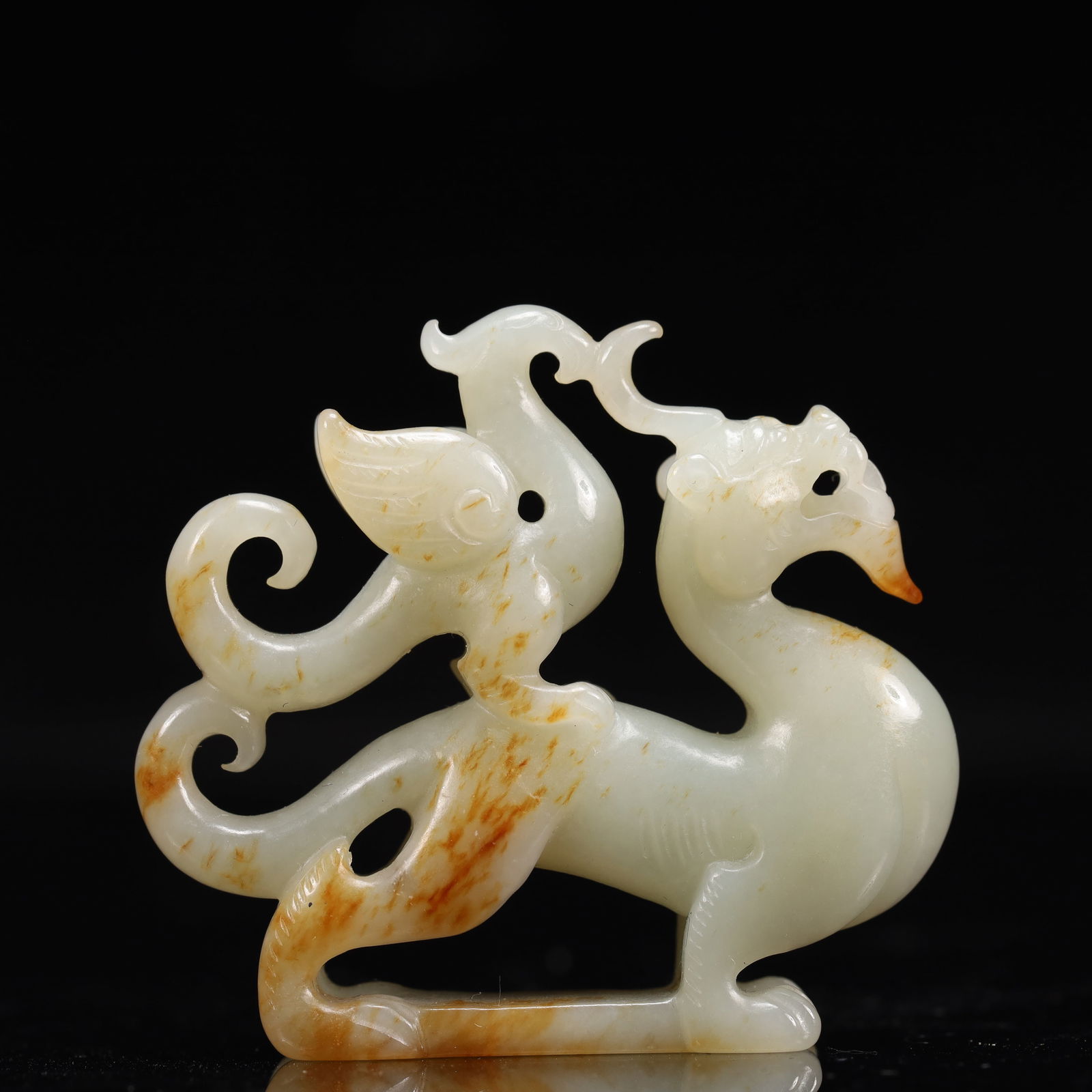 An Archaic Hongshan Culture White Jade Dragon and Phoenix Ornament: An Archaic Hongshan Culture White Jade Dragon and Phoenix Ornament,Ancient Time, China,Size:2.2inx0.5inx2in,Weight:37g 红山文化白玉龙凤摆件,